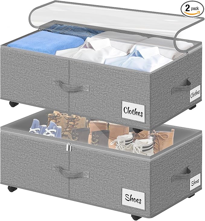 Under Bed Storage with Wheels, 2-Pack 10" Height XXL 75L Rolling Storage Bins, Quick Assembly Underbed Shoe Storage Containers with Clear Lid & Label, Dorm Under Bed Drawers for Clothes, Shoes, Grey