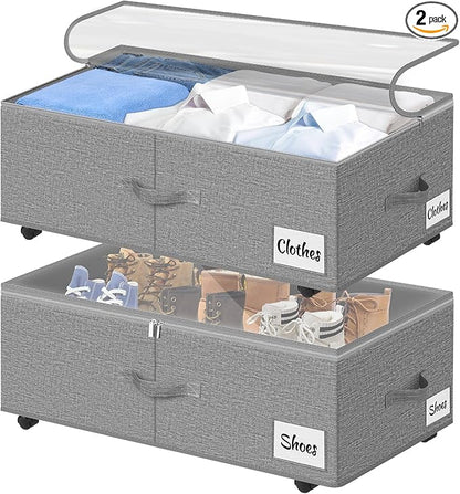 Under Bed Storage with Wheels, 2-Pack 10" Height XXL 75L Rolling Storage Bins, Quick Assembly Underbed Shoe Storage Containers with Clear Lid & Label, Dorm Under Bed Drawers for Clothes, Shoes, Grey