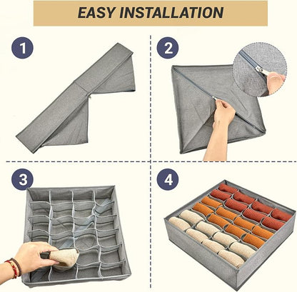 PINGMIC Gray Sock Organizer Divider 4 Pack - 24 Cell Foldable Closet Storage, Tie Organizer For Men Boxes for Socks, Ties, Belts
