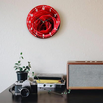 SPUNKER Wall Clocks,Red Rose Wall Clock Battery Operated 10 Inch,Flower Bloom Romance Round Clock Silent Non-Ticking Wall Decor for Farmhouse Office Home School Living Room Bedroom
