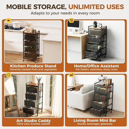5 Tier Kitchen Storage Cart with Wheels, Utility Fruit Vegetable Storage Rack Stand with Pull-Out Baskets & Wood Top, Metal 4-Drawers Rolling Snack Cart, Kitchen Cart for Potato Onion(Black)
