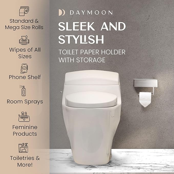 Day Moon™ - Toilet Paper Holder with Shelf - Modern Roll Holder for Bathroom - 1 Pack - Wall Mount - with Storage, Brushed Nickel