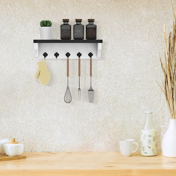 Nekon Key Holder for Wall, 11.8" W x 3.5" H x 2.8" D Decorative Key Organizer with Floating Shelf, Wall Mount Key Rack with 5 Hooks (Black)