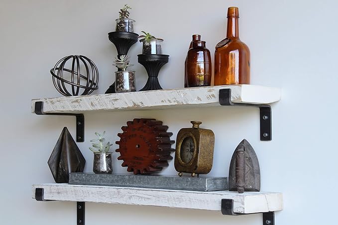 Urban Legacy Accent Shelves | Reclaimed Barn Plank | Set of 2 with Full Brackets (White Wash 40" x 4.5" x 2")
