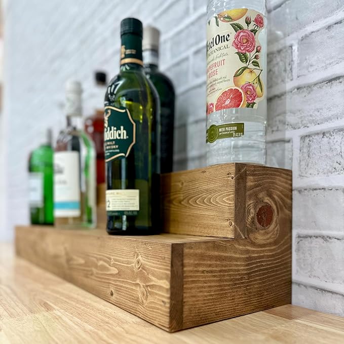 Tiered Bottle Shelf | 2 Tier Liquor Bottle Display | Bar Organization | Display Shelf | Wine Shelf | Bar Display | Kitchen Counter Shelf (18", Early American)