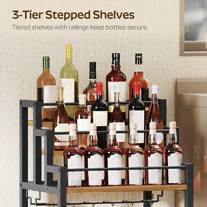 Bar Cart, 3 Tier Home Bar Serving Cart with Glass Holder, Versatile Display Wine Rack Trolley, for Living Room, Kitchen, Rustic Brown BC08BR