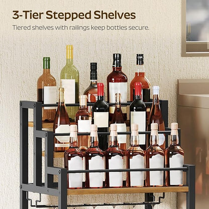 Bar Cart, 3 Tier Home Bar Serving Cart with Glass Holder, Versatile Display Wine Rack Trolley, for Living Room, Kitchen, Rustic Brown BC08BR