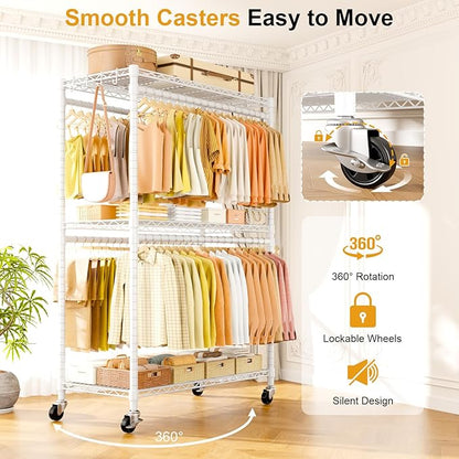 P5 Plus Rolling Clothes Rack Heavy Duty, Clothing Racks for Hanging Clothes, Metal Garment Rack with Wheels, 3-Tier Portable Closet Rack 45'' W × 20.5'' D × 80.5'' H, Max Load 660 Lbs, White