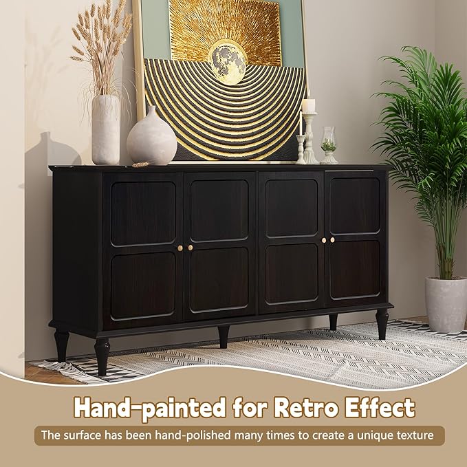 ARTPOWER 58'' Mid-Century Modern Buffet Storage Cabinet with 4 Doors and Adjustable Shelves, Accent Style Sideboard for Entryway, Dining Room, Living Room, Espresso Brown