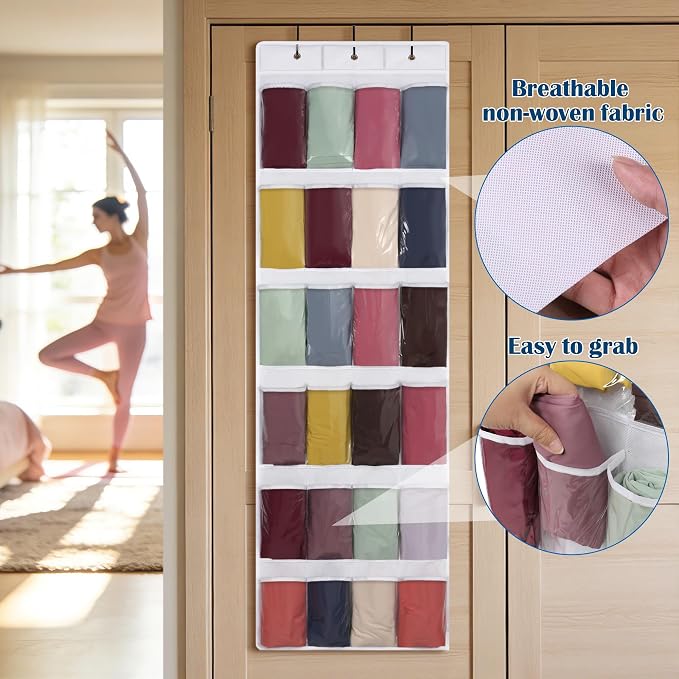 Legging Organizer for Closet，Hanging Yoga Legging Storage with 24 Pockets for Yoga Pants, Tank Top (White)