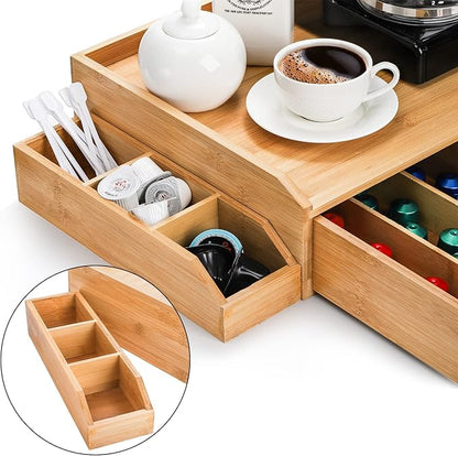 SOUJOY Bamboo Drawer Organizer for Coffee Pod, K Cup Organizer for Counter, Tea Bag Storage Organizer with Drawer and Side Storage Box for Kitchen Office Coffee Bar