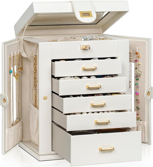 AKOZLIN Jewelry Box 6-Tier Organizer Functional 360° Rotating Jewelry Storage Case for Women Girls Ring Necklace Earring Bracelet Holder with Mirror