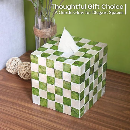CHI AN HOME 5.5" Square Tissue Box Cover, Handmade Checkered Cube Tissue Box Cover with Capiz Shells, Decorative Tissue Holder for Living Room, Bathroom, Bedroom or Office (Pistachio Green)