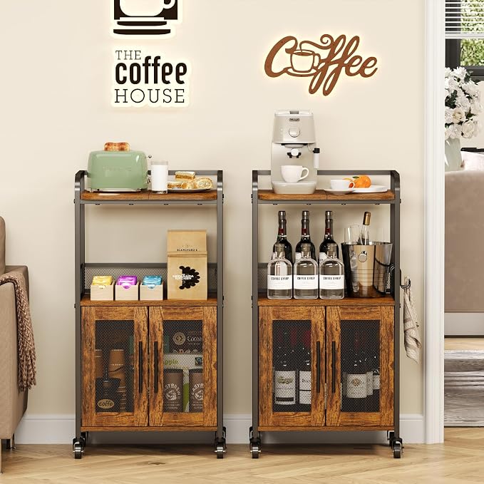 Hencawima Small Coffee Bar Cabinet with Storage, 3-Tier Rolling Coffee Bar Table, Farmhouse Coffee Cart Station with 2 Doors for Living Room, Dining Room, Rustic Brown