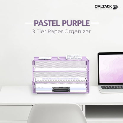 DALTACK 3 Tier Letter Tray Paper Organizer for Desk, Mesh Metal Desk File Organizer with Sliding Trays for Letter/A4 Paper, Mail, Bills & Folders, Light Purple