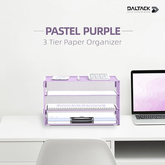 DALTACK 3 Tier Letter Tray Paper Organizer for Desk, Mesh Metal Desk File Organizer with Sliding Trays for Letter/A4 Paper, Mail, Bills & Folders, Light Purple