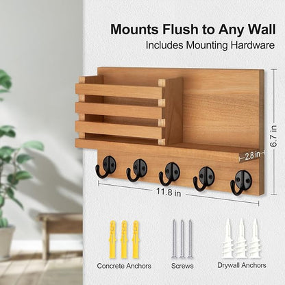 Lwenki Key Holder for Wall – Decorative Wooden Mail Holder and Key Shelf with Mounting Hardware, Installation Guide – Paulownia Wood with Metal Key Hooks (Light Brown, Large - 11.8inch)