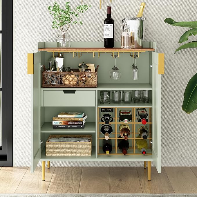 ARTPOWER Coffee Bar Cabinet with Wine Racks, Liquor Cabinet with Fluted Texture, Modern Sideboard Buffet Cabinet for Kitchen Dining Room, Living Room, Sage Green