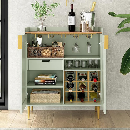 ARTPOWER Coffee Bar Cabinet with Wine Racks, Liquor Cabinet with Fluted Texture, Modern Sideboard Buffet Cabinet for Kitchen Dining Room, Living Room, Sage Green