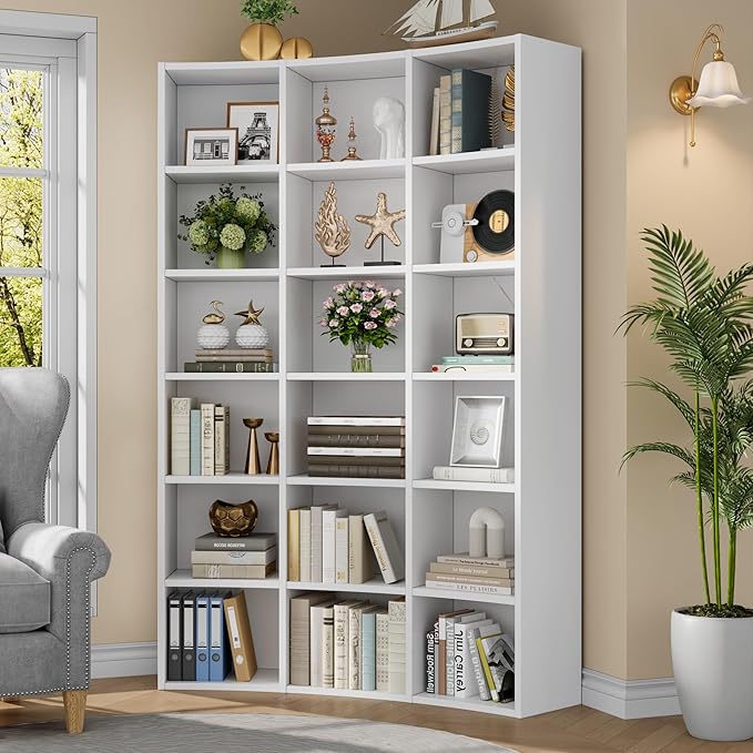 Semoic 71" Bookcase,Curved Bookshelf,Triple Width 6 Tier Bookcase with Storage Cabinet,Modern Tall Bookshelf with 18 Open Display Shelves, Floor Standing Book Shelf for Living Room,White