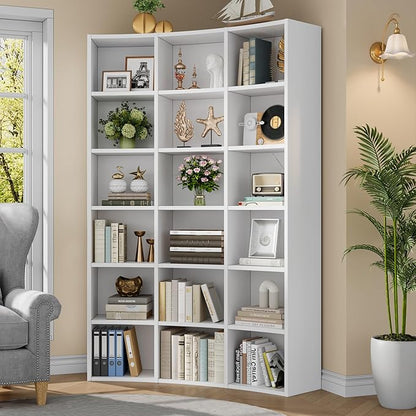 Semoic 71" Bookcase,Curved Bookshelf,Triple Width 6 Tier Bookcase with Storage Cabinet,Modern Tall Bookshelf with 18 Open Display Shelves, Floor Standing Book Shelf for Living Room,White