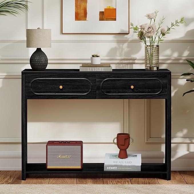 ORRD Fluted Console Table with Drawers, Mid-Century Narrow Entryway Table with Open Storage Shelves, Hallway Accent Tables Behind Couch Tables for Living Room (Black)