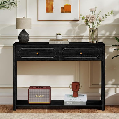 ORRD Fluted Console Table with Drawers, Mid-Century Narrow Entryway Table with Open Storage Shelves, Hallway Accent Tables Behind Couch Tables for Living Room (Black)
