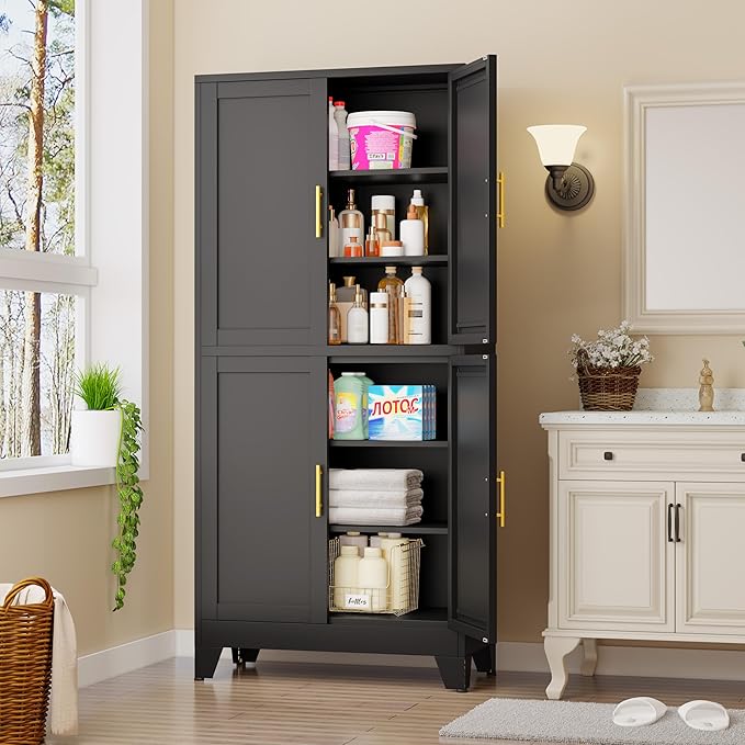 GAIOUS 75.2" Tall Metal Pantry Cabinet, Storage Cabinets with 4 Door and 4 Adjustable Shelves, Black Kitchen Pantry Storage Cabinet, Freestanding Cupboard for Kitchen Dining Room Living Room Bathroom