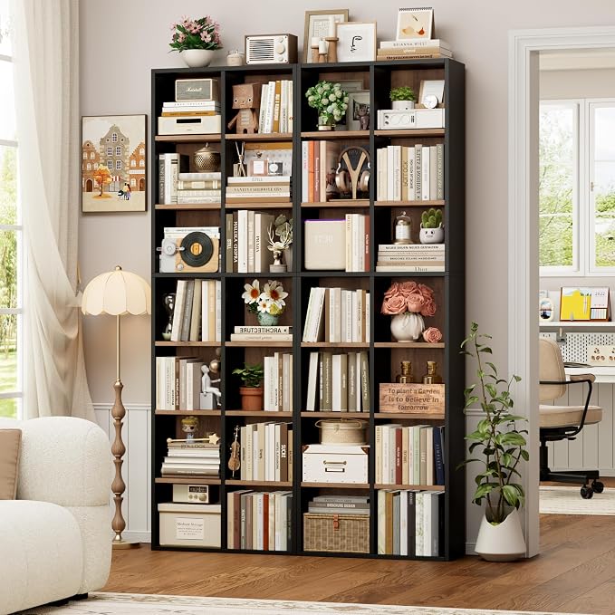 FOTOSOK 71'' Tall Bookshelf with 14 Cubes, 7 Tier Double Wide Wood Bookshelf with 6 Adjustable Shelves, 19.6" Narrow Bookcase DVD/CD Media Storage, Space Saving Display Shelf Cabinet, Black/Brown