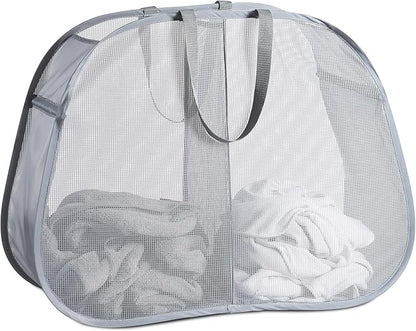 Seiritex Mesh Popup Laundry Hamper 2 Compartment, Collapsible Laundry Sorter Basket Foldable Hamper for Clothes, College Dorm, Travel (Gray)