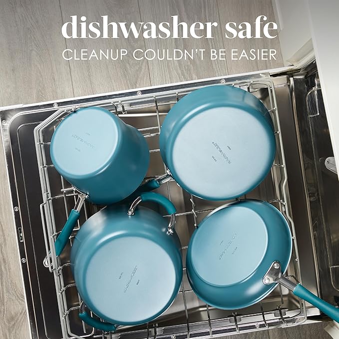 Rachael Ray Cucina Ceramic Cookware Set - 13 Pieces - Ceramic Pots and Pans Set w/Nonstick Frying Pans, Saute Pan, Saucepans, Stockpot, Lids, Pan Protectors - Marine Blue