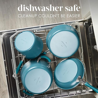 Rachael Ray Cucina Ceramic Cookware Set - 13 Pieces - Ceramic Pots and Pans Set w/Nonstick Frying Pans, Saute Pan, Saucepans, Stockpot, Lids, Pan Protectors - Marine Blue