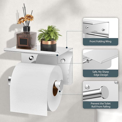 FORIOUS Toilet Paper Holder with Shelf, Adhesive or Screw Wall Mount Toilet Roll Holder for Bathroom, Rustproof 304 Stainless Steel Commercial Toilet Tissue Holder with Phone Shelf, Chrome