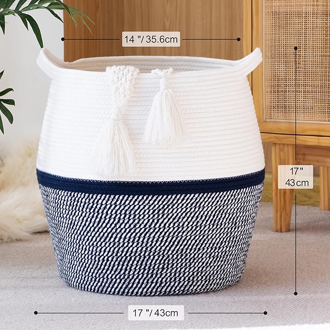 KAKAMAY Woven Baskets for Storage(17"x17"),Large Cotton Rope Basket Woven Baby Laundry Hamper,Collapsible Laundry Basket, Blanket Basket for Living Room,Nursery,Clothes, Toy chest(Navy Blue)
