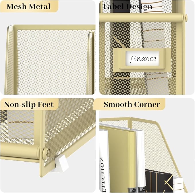 SUPEASY Desk Organizers Metal Desk Magazine File Holder with 5 Vertical Compartments Rack File Organizer for Office Desktop, Classroom, Home Workspace, Golden Yellow, Plus