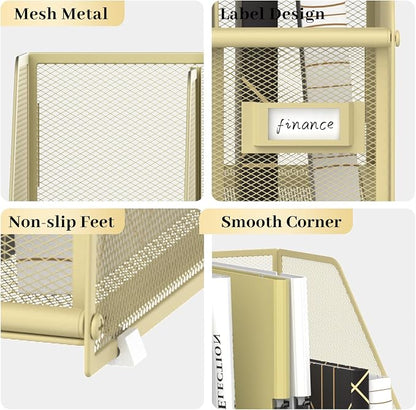 SUPEASY Desk Organizers Metal Desk Magazine File Holder with 5 Vertical Compartments Rack File Organizer for Office Desktop, Classroom, Home Workspace, Golden Yellow, Plus