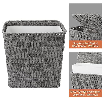 3 Gallon Paper Rope Bathroom Trash Can,Small Wicker Trash Cans with Lid and Liner,Woven Rattan Narrow Waste Basket for Bedroom,Office,Grey