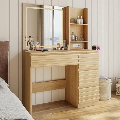 Fluted Vanity Desk with HD Mirror and Lights, Wood Makeup Vanity Table with 4 Drawers & Open Shelves, Mid Century Dressing Table Set with Charging Station, 3 Color Lighting Modes for Bedroom, Oak