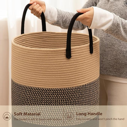 OIAHOMY Large Laundry Basket Hamper - 60L Cotton Rope Woven Basket for Blankets, Toys, Clothes - Tall Decorative Nursery Hamper with Long Handles, Yellow/Black