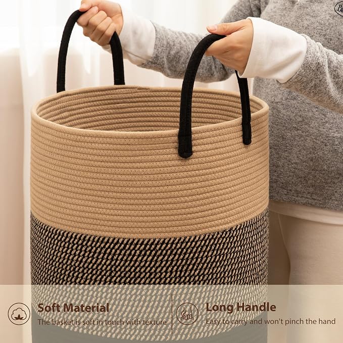 OIAHOMY Large Laundry Basket Hamper - 100L Cotton Rope Woven Basket for Blankets, Toys, Clothes - Tall Decorative Nursery Hamper with Long Handles, Yellow/Black