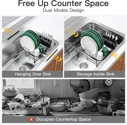 Apartment RV Small Dish Drainer Drying Rack Over The Sink In Stainless Steel for Narrow Kitchen, Counter Space Saving Compact Expandable Metal Plate Dryer Strainer, Black Adjustable Wire Drain Holder