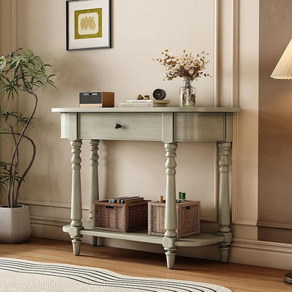 HMFULE Retro Curved Console Table, 36" Solid Wood Half Moon Console Table Sofa Table Entryway Table with 1 Drawer 1 Open Shelf Roman Legs Curved Corners for Living Room,Entryway,Hallway,Gray