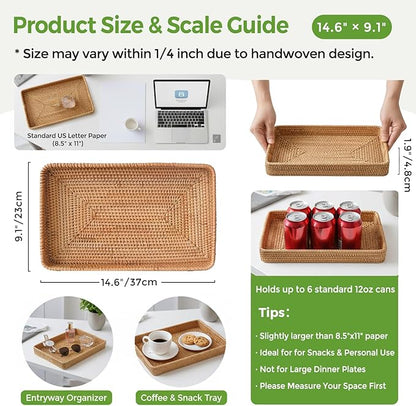 Wicker Storage Basket, Rattan Tray Rectangular for Bathroom Living Room, Decorative Serving Woven Trays Wicker Baskets for Organizing, Woven Seagrass Tray for Storage Home Decor L(14.6" × 9.1")