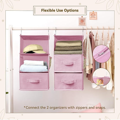 GRANNY SAYS Hanging Closet Organizer 6-Shelf, Separable to 2 Pack 3-Shelf Closet Storage Organizer with 4 Side Pockets, 3 Different Drawers, Portable Hanging Shelves for Baby Clothes, Sweater, Pink