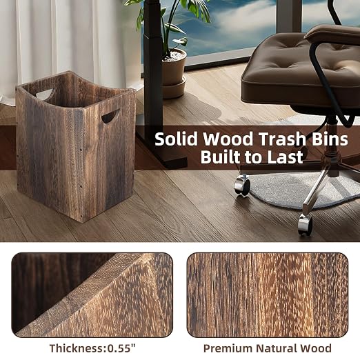 5 Gallon Wooden Trash Can Curved Design Office Waste Basket, Rectangular Farmhouse Garbage Can, Brown Vintage Wood Trash Can Storage Basket With Handles for Bedroom Office Living Room Decorative