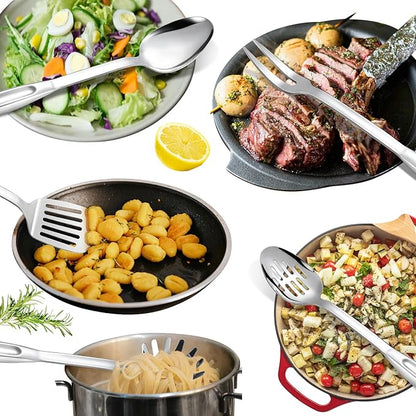 304 Stainless Steel Kitchen Utensils Set, 10 Pcs Stainless Steel Cooking Utensils Set, Heat Resistant Metal Kitchen Tools Spatulas Set, Spatulas, Spoons, Ladle, Meat Fork and Skimmer