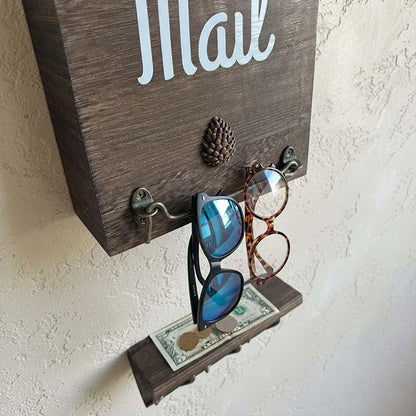 eBun Narrow Wood Mail Holder 2-Pack with 12 Key Hooks | Wall Mount, No-Drill Magnetic, Vertical Mail & Bills Slot, Entryway Decor