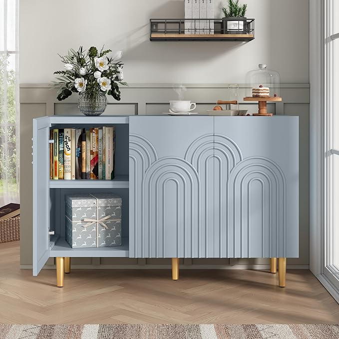 ARTPOWER 47" Accent Cabinet with Cloud Relief, Sideboard Buffet Cabinet with 3 Doors, Modern Decorative Credenza with Storage for Living Room, Kitchen, Dining Room, Hallway, Entryway, Blue