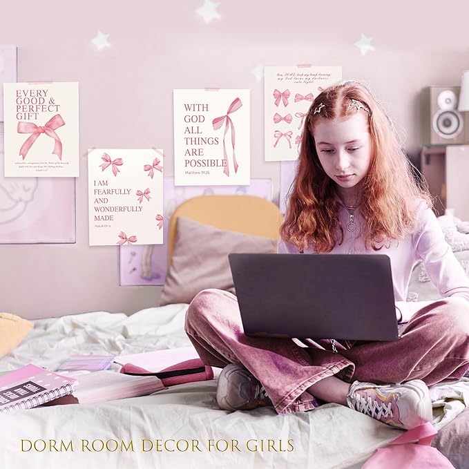 LARTSFRO Coquette Pink Bow Christian Wall Art Decor Posters, Pink Bow Christian Bathroom Room Bedroom Dorm Wall Art Decor Aesthetic for College Teen Girls Gifts,Inspirational Bible Verses Bow Wall Decor, 10x8 Inch Set of 4 Bow Pictures(UNFRAMED)