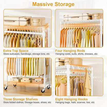P5 Rolling Clothes Rack Heavy Duty, Clothing Racks for Hanging Clothes, Metal Garment Rack with Wheels, 3-Tier Portable Closet Rack 39.4'' W × 20.5'' D × 80.5'' H, Max Load 650 Lbs, White